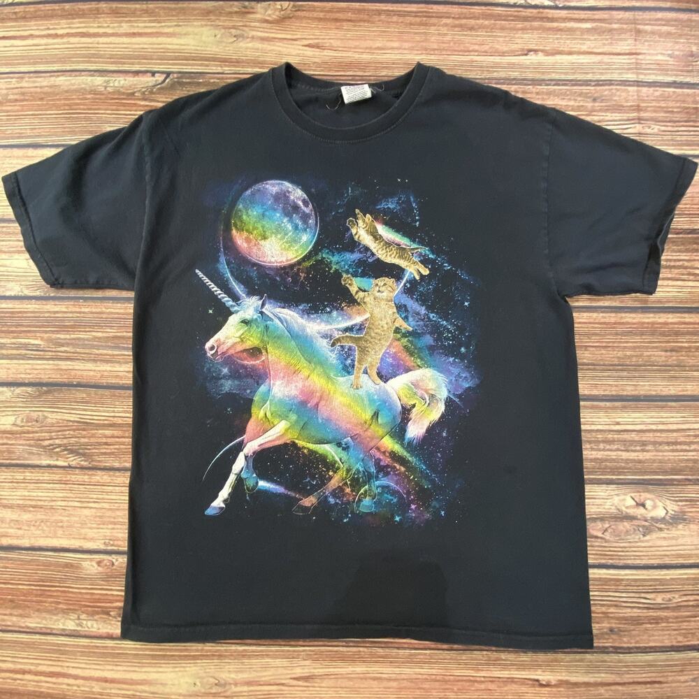 Vtg Unicorn Cats Space Psychedelic T-Shirt Large Hippie Rainbow Fruit Of Loom